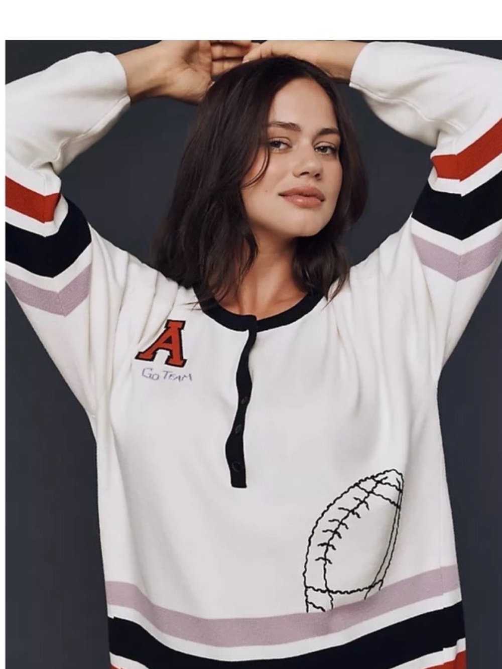 White Henley Football-Graphic Sweatshirt with Striped Sleeves